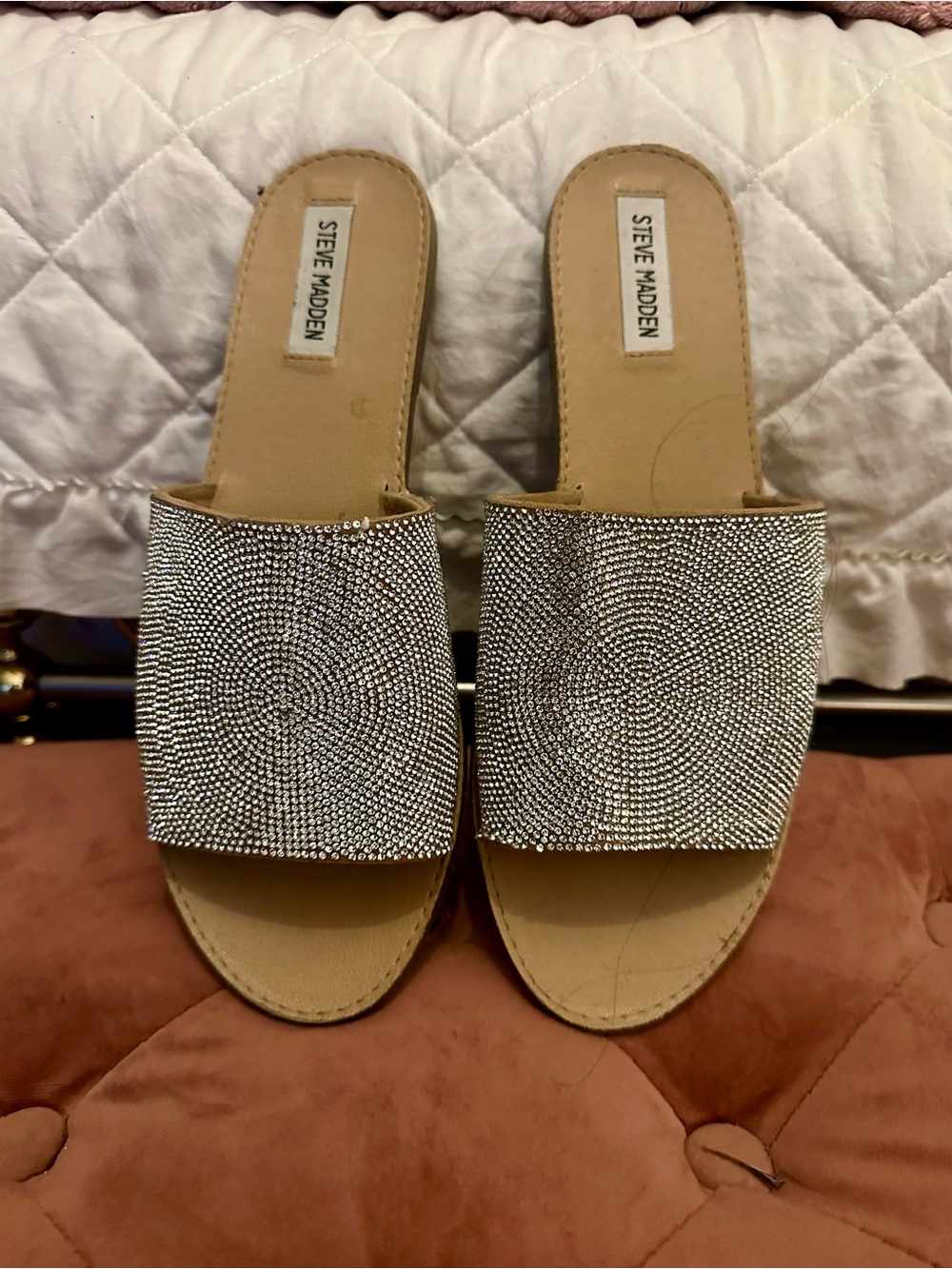 Steve Madden Rhinestone Crystal Flat Slide Sandals Silver Size 11